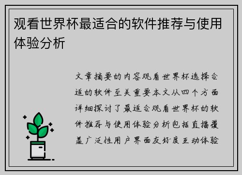 观看世界杯最适合的软件推荐与使用体验分析
